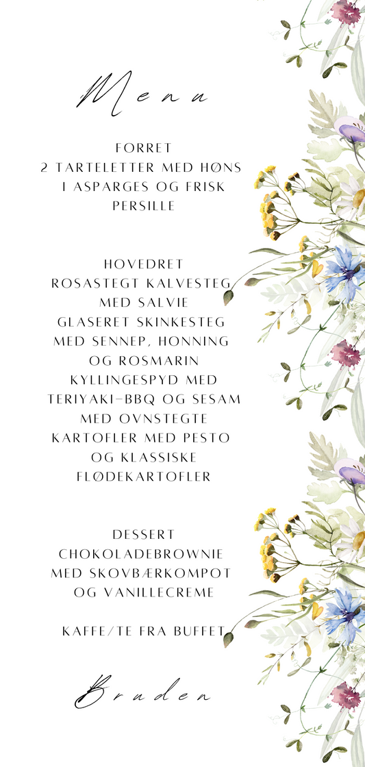 Menu/Bordkort i ét med vilde farvede blomster