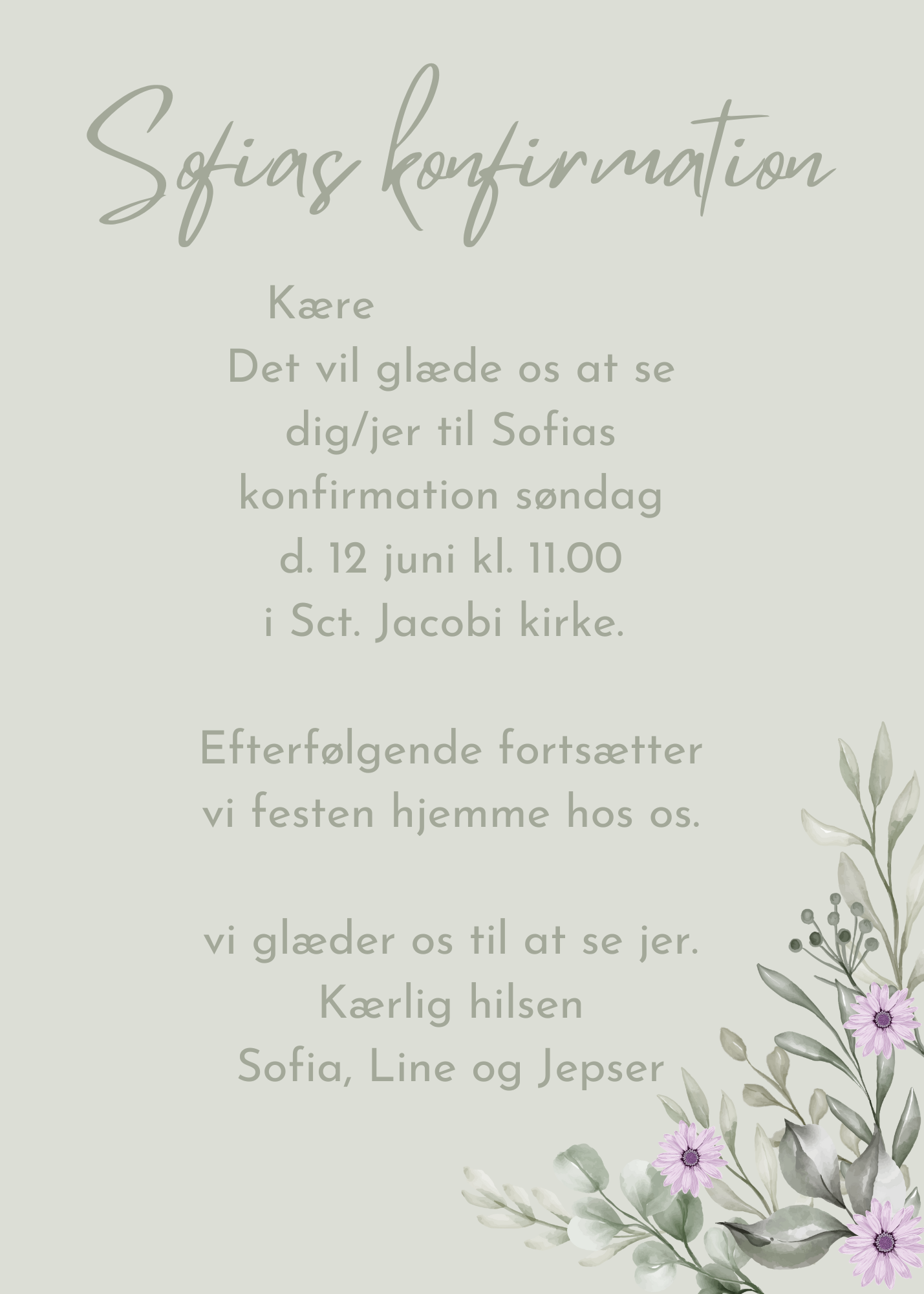 Grønne blade med lilla blomster invitation